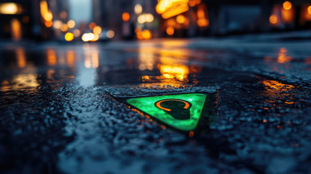 A glowing green pedestrian signal shines brightly on a waterlogged street, reflecting the vibrant city lights above. The scene captures urban life at night.の素材