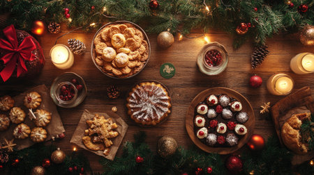 A beautifully arranged holiday table adorned with assorted seasonal treats, including sweet pastries and cookies, surrounded by festive decorations and soft candlelight.の素材