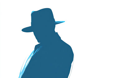 This artwork showcases a mysterious silhouette of a man in a hat, presenting an enigmatic figure against a stark white backdrop. The minimalist design evokes intrigue and imagination.の素材