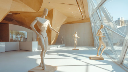 Explore the elegance of wooden mannequins displayed in a contemporary space, showcasing modern architecture, geometric shapes, and captivating natural light.の素材