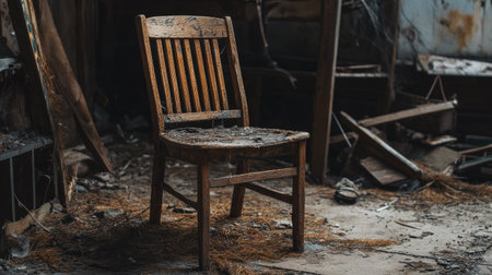 This image captures a rustic wooden chair in a dusty, abandoned room. The chair shows signs of wear, surrounded by debris and nature, evoking a sense of history and solitude.の素材