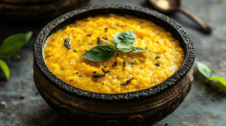 A vibrant creamy lentil dish garnished with fresh basil, served in a rustic bowl, capturing the essence of healthy vegetarian cuisine and comforting flavors.の素材