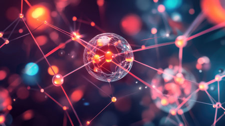 This abstract image showcases a glowing sphere connected by intricate lines, illustrating a vibrant digital network. Perfect for tech and science projects.の素材