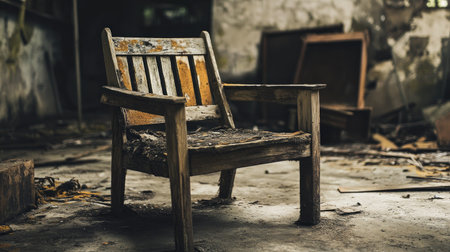 An old, weathered chair stands alone in an abandoned room, showcasing rich textures and an atmosphere of decay, evoking feelings of solitude and nostalgia.の素材