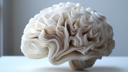 This unique sculpture depicts a brain, intricately crafted from layers of white paper. Its soft curves and textures evoke imagination and creativity, making it a captivating art piece.の素材