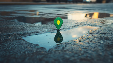A vibrant location marker in green rests in a puddle on a wet street, creating a stunning reflection. The urban scene captures an intriguing perspective on navigation and exploration.の素材