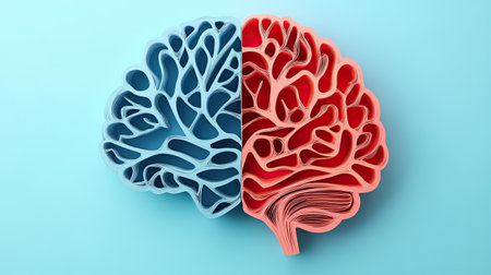 This creative artwork represents the human brain split into blue and red sections, symbolizing the contrast between logic and creativity, inviting deep exploration of psychology and intellect.の素材