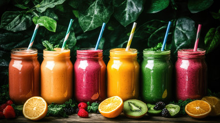 Discover a vibrant display of colorful smoothies in jars, showcasing a variety of fresh ingredients. Perfect for promoting healthy lifestyles and refreshing drinks.の素材