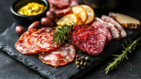 A visually appealing arrangement of assorted cured meats complemented by citrus slices and a mustard dip, perfect for gatherings or special occasions.の素材