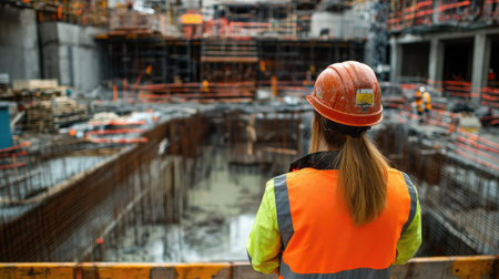 A woman in safety gear monitors a construction site, showcasing the importance of safety and oversight in urban development. The scene captures the dynamic atmosphere of industry workers at their task.の素材