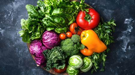 A vibrant assortment of fresh vegetables arranged on a wooden plate, showcasing a healthy eating concept ideal for meal preparation and food photography.の素材
