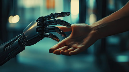 A compelling image of a human hand reaching out to connect with a robotic hand, symbolizing the merging of technology and humanity in a profound interaction.の素材