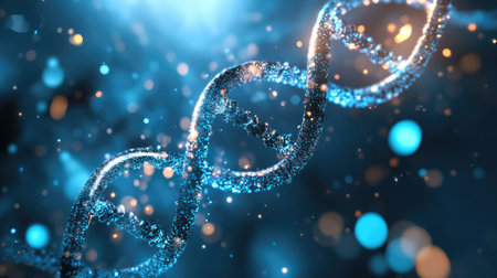 This vibrant digital image showcases a glowing blue DNA helix with sparkling light effects and bokeh, representing the beauty and complexity of genetic science.の素材