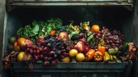 A rich assortment of fresh fruits and vegetables discarded in a dumpster, highlighting issues of food waste and urban decay against a moody background.の素材