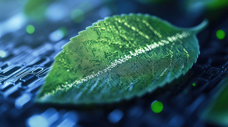 A close-up image of a vibrant green leaf resting on a digital surface, symbolizing the fusion of nature and technology, highlighting innovation through design.の素材