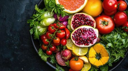 Experience a vibrant assortment of fresh fruits and vegetables artistically arranged on a dark surface, showcasing the beauty of nature's harvest.の素材
