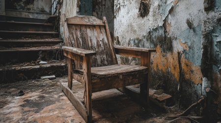 An aged wooden chair sits alone in a decaying room, surrounded by crumbling walls. The scene evokes a sense of nostalgia and forgotten history, featuring rustic textures.の素材