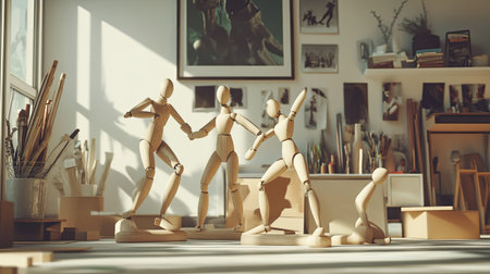 A bright artistic studio featuring wooden mannequins in various dynamic poses. The natural light creates fascinating shadows, enhancing the creative atmosphere.の素材