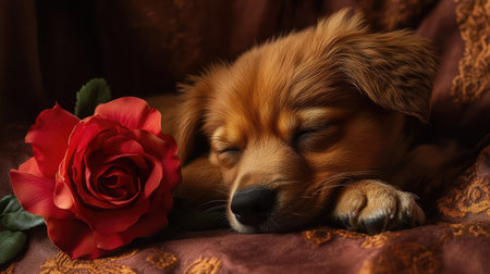 A charming close-up of a sleeping puppy resting beside a vibrant red rose, capturing the essence of tranquility and affection in a cozy setting.の素材
