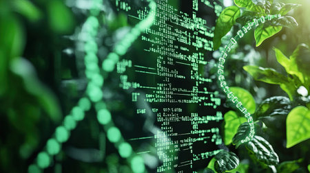A unique blend of digital code and vibrant green plants symbolizes the intersection of technology and nature, showcasing innovation and growth in a sustainable environment.の素材