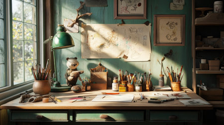 A vibrant art studio featuring a wooden desk filled with various craft supplies, sunlight pouring in through the window, creating a warm and inviting atmosphere.の素材
