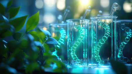 Brightly lit laboratory scene showcasing test tubes with spiraling liquid and vibrant green plant. Ideal for science, nature, and technology themes.の素材