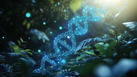 A captivating and mystical DNA strand sparkles with blue light amidst lush greenery, symbolizing life, science, and innovation in nature's vibrant environment.の素材