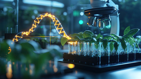 Innovative laboratory scene featuring a microscope and plants with DNA visualization, representing the intersection of science and nature in modern research.の素材