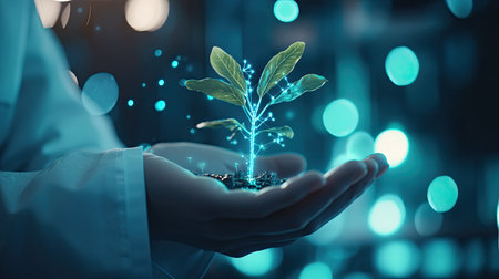 A close-up view of hands gently holding a small green plant, surrounded by glowing blue effects, symbolizing growth and innovation in a sustainable future.の素材