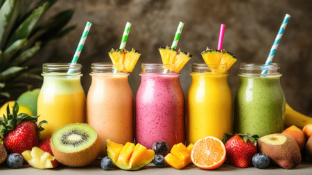 A vibrant display of smoothies in jars featuring a colorful assortment of tropical fruits. Perfect for promoting health, freshness, and delicious flavors.の素材