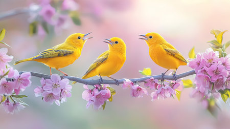 Three bright yellow birds sing joyfully on a cherry blossom branch, surrounded by pink petals, creating a serene and colorful spring scene in nature.の素材