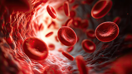 This image showcases a detailed view of red blood cells flowing through a blood vessel, emphasizing their importance in oxygen transport within the human body.の素材
