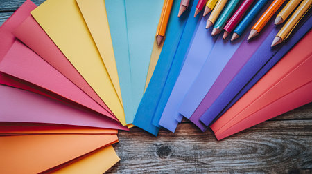 A vibrant collection of colorful paper sheets and pencils arranged on a textured wooden background. Ideal for craft projects, art activities, and educational purposes.の素材