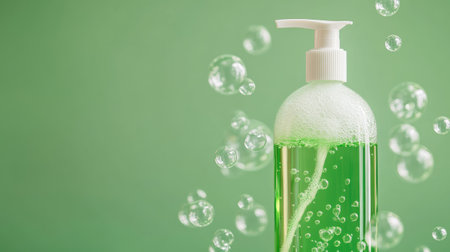 A green liquid soap in a pump bottle, surrounded by floating bubbles on a soft green background, ideal for beauty, wellness, and hygiene themes.の素材