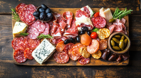 Discover a vibrant gourmet charcuterie board featuring an assortment of cured meats, artisanal cheeses, fresh fruits, and olives, perfect for gatherings.の素材