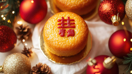 A vibrant round cake featuring a celebratory symbol sits amidst glittering holiday ornaments, capturing the essence of festive gatherings and sweet delights.の素材