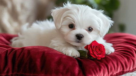 A charming white puppy with soft fur rests on a plush red cushion, gently holding a rose. This delightful scene captures the essence of love and companionship.の素材