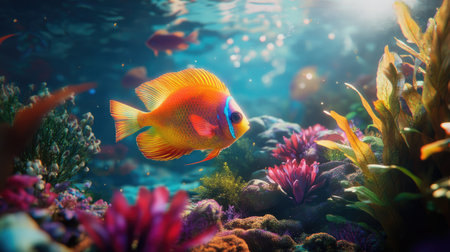 A vivid tropical fish glides through a beautifully lit underwater scene, showcasing colorful plants and a serene aquatic environment filled with life.の素材