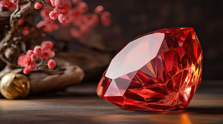 A stunning close-up of a sparkling red gemstone, placed next to delicate floral elements, illuminated by warm lighting to create an elegant atmosphere.の素材