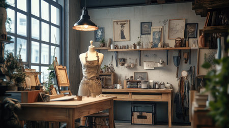 A charming and inviting artistic workshop featuring natural light, a stylish mannequin, and serene decor. Perfect for creative inspiration and photography.の素材