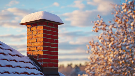 A snow-covered brick chimney rises from a rooftop under a beautiful winter sky. Warmth and coziness contrast against the cold, tranquil landscape.の素材