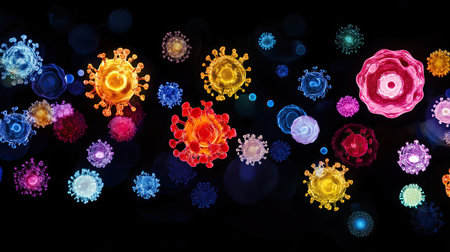 This vibrant digital illustration captures a variety of viruses and microorganisms in an abstract style, showcasing their unique shapes and colors against a dark background. Perfect for educational and medical themes.の素材