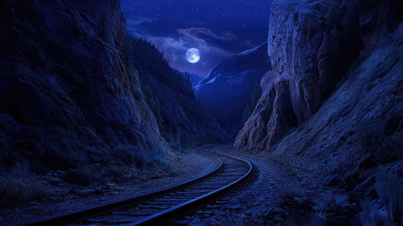 A captivating night scene featuring curving railway tracks under a bright moonlight. The tranquil landscape is enveloped in darkness and serenity.の素材