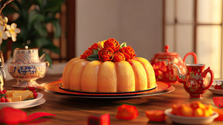 A vibrant traditional dessert garnished with flowers, elegantly displayed on a festive table, perfect for celebrations, gatherings, and cultural events.の素材