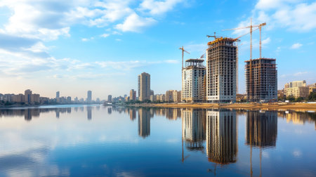 Captivating view of construction progress along a river, showcasing modern buildings and cranes under a clear blue sky, creating a serene reflection on the water.の素材