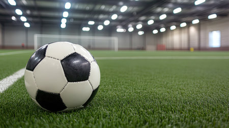 A close-up view of a classic black and white soccer ball resting on lush artificial turf inside a modern indoor stadium, ideal for showcasing sports activities.の素材