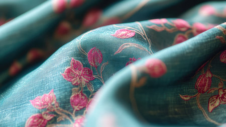 This stunning close-up showcases elegant floral embroidery on a soft teal fabric. The intricate pink flowers and leaves create a beautiful pattern, perfect for textile art.の素材