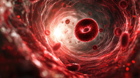 This visualization depicts the intricate flow of red blood cells within the human circulatory system, highlighting the dynamic transport of oxygen and nutrients.の素材
