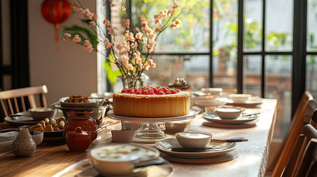 A beautifully arranged dining table featuring a delicious cake topped with fruits, surrounded by delicacies, flowers, and warm lighting, perfect for gatherings.の素材