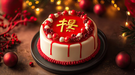 A stunning festive red cake adorned with a Chinese symbol, surrounded by holiday decorations. Perfect for celebrations that embrace cultural traditions and flavors.の素材